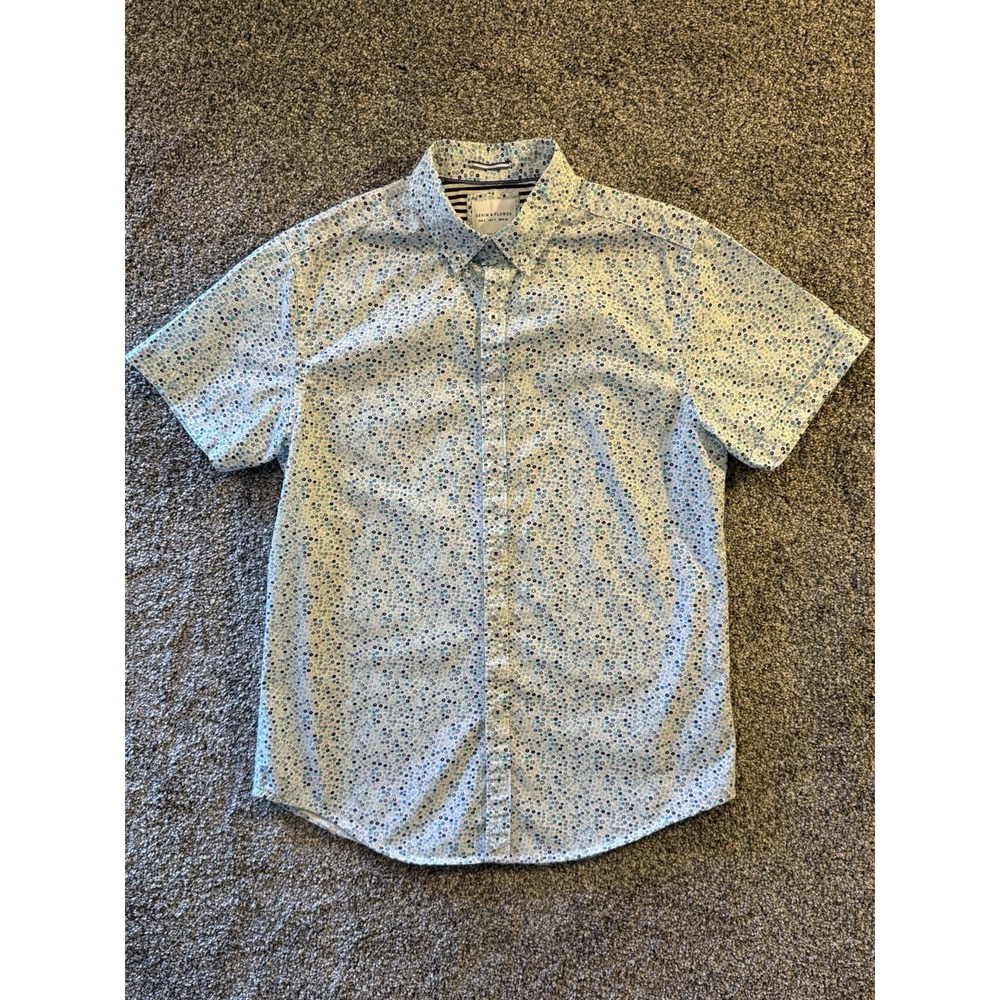 Denim & Flower Ricky Singh Floral Shirt Mens Small Slim Blue Short Sleeve